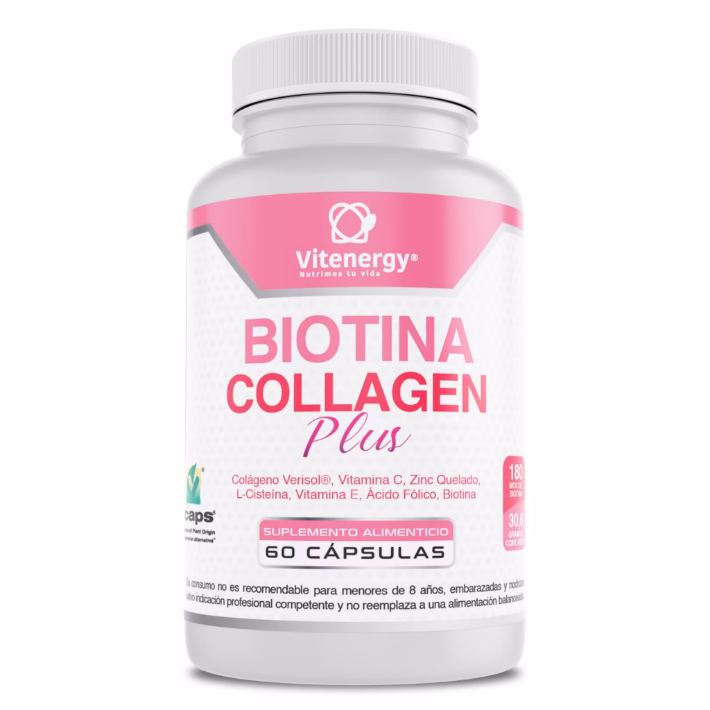 Frasco de Biotina Collagen Plus con 60 cápsulas para fortalecimiento de cabello y uñas en Chile.