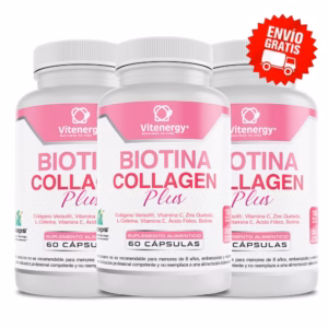 Pack ahorro x3 Biotina Collagen Plus tratamiento trimestral para crecimiento capilar y firmeza de la piel.