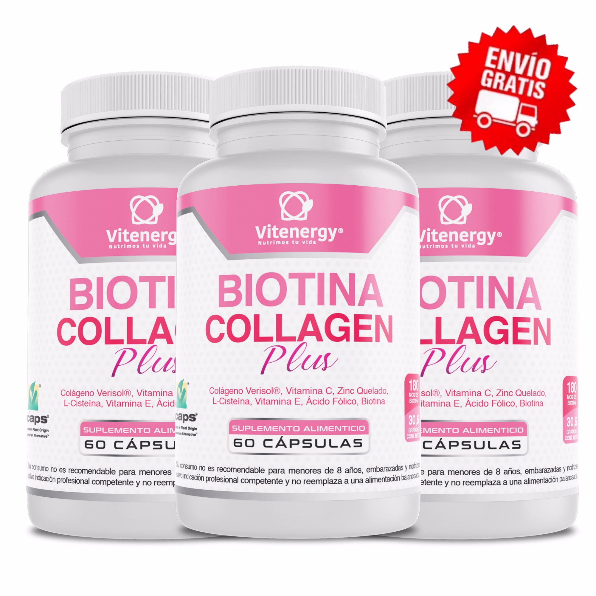 Pack ahorro x3 Biotina Collagen Plus tratamiento trimestral para crecimiento capilar y firmeza de la piel.