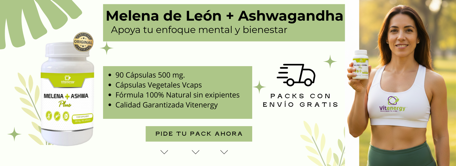 Melena de León + Ashwagandha Vitenergy suplemento para memoria concentración y estrés