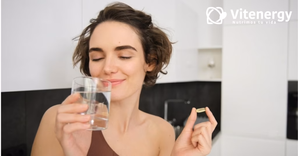 Mujer tomando suplemento de magnesio quelado Vitenergy para mejorar la energía celular y bienestar diario.